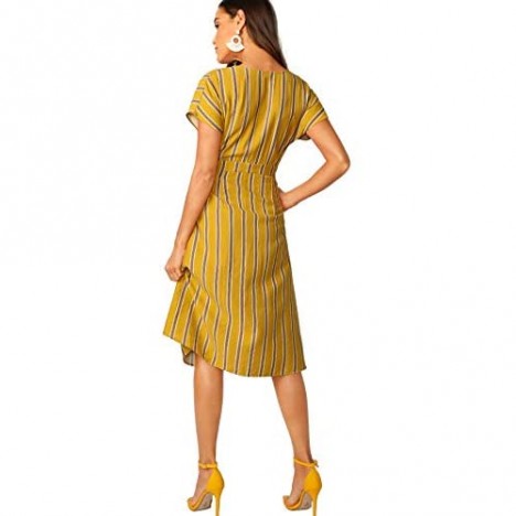 Romwe Women's Elegant Striped A-line Shirt Dress with Pockets