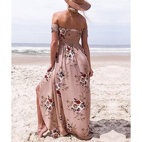 Vansha Women’s Boho Off Shoulder Strapless Summer Beach Floral Slit Maxi Dress