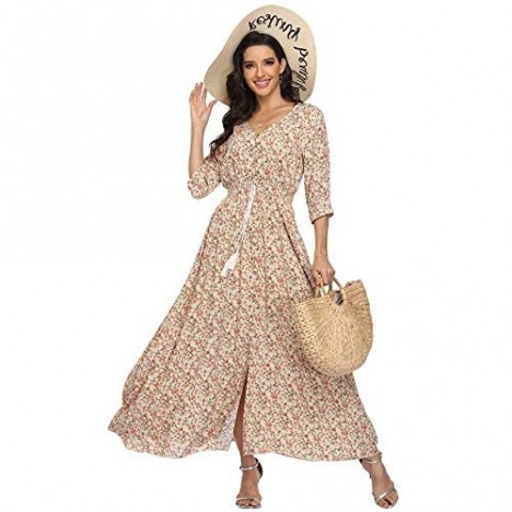 VintageClothing Women's Floral Maxi Dresses with Sleeves Flowy Boho Beach Dress