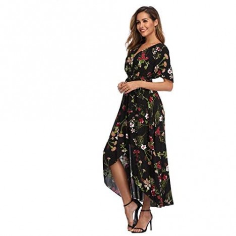 VintageClothing Women's Wrap V Neck Floral Summer Dresses High Low Maxi Casual