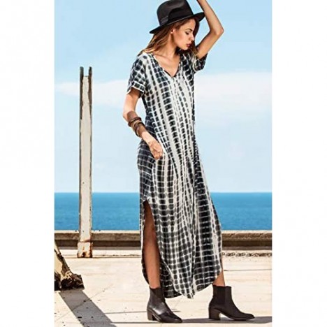 Women Summer Casual Maxi Dress Loose Pockets Short Sleeve Split Boho Dresses