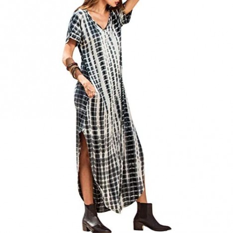 Women Summer Casual Maxi Dress Loose Pockets Short Sleeve Split Boho Dresses