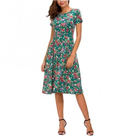 Women's Summer Casual T Shirt Dresses Floral Short Sleeve Flared Midi Dress
